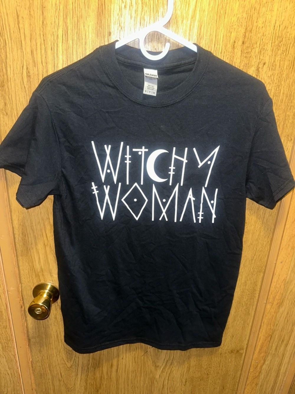 Custom Gildan Black T-Shirt with White "Witchy Woman" Graphic